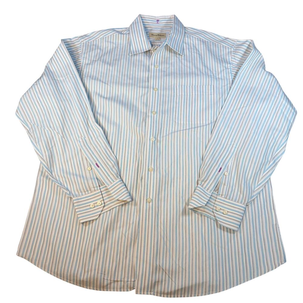 Tommy Bahamas mens blue gray stripe long sleeve button up shirt Size 16.5, 34-35